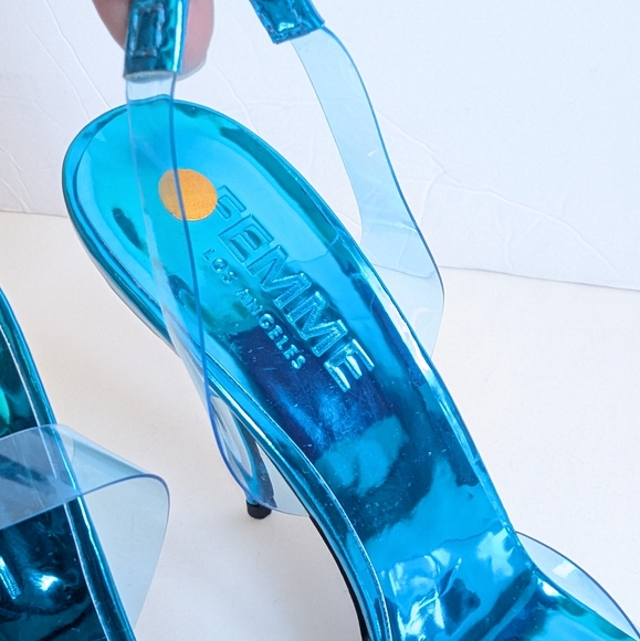 FEMME Los Angeles Transparent Blue PVC Ankle Strap Heels Pumps Sandal π - Picture 7 of 13